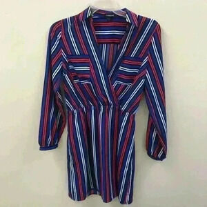 Express Red White Blue Lines Long Sleeves Dress